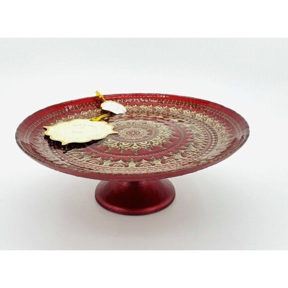 Turkish Glass Red Cake Stand Glass Pedestal Dessert Platter 8.2" Wide 3.2" Tall